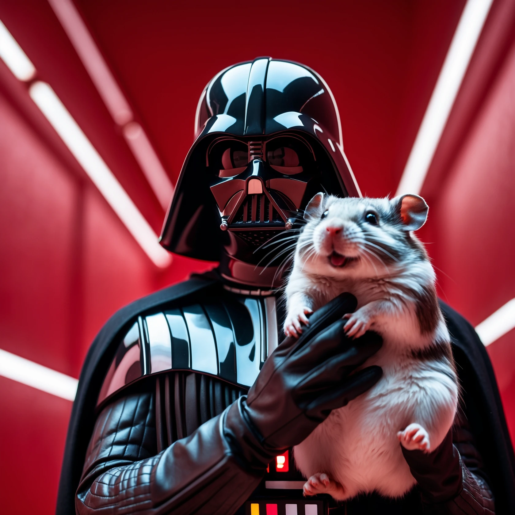 Extreme Closeup Photo of a darth vader holding big hamster, low key light, red solid background with leading lines, back light, spot light emoji