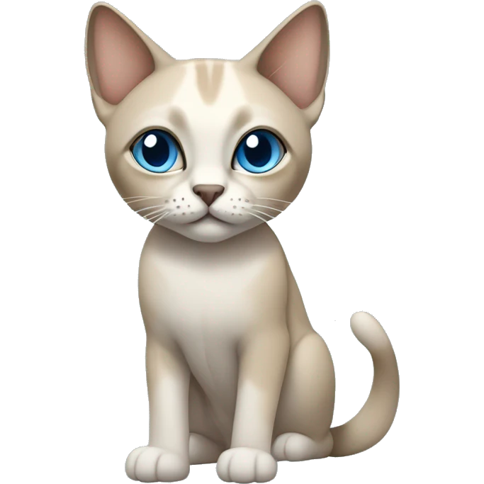 Thai breed adult cat with a light cream-brown body, dark gray nose and face, ears, and paws. sharp ears, and striking light blue eyes  emoji