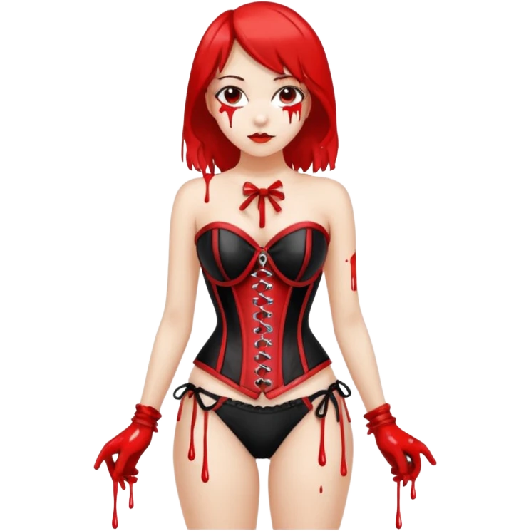 Red and black corset top with bikini bottom dripping with white paint emoji