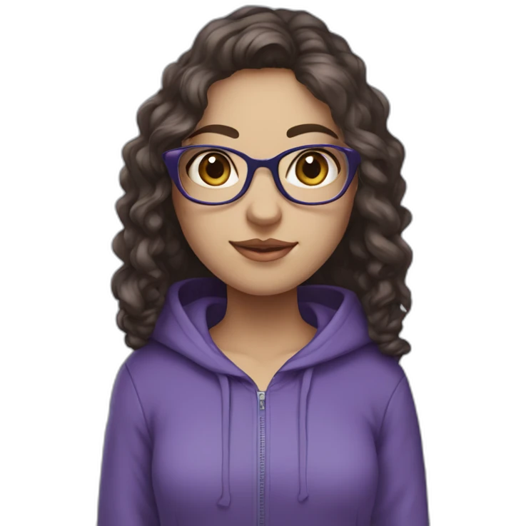 full length girl with glasses in a purple hoodie with big blue eyes and white skin and curly dark browny long hair emoji