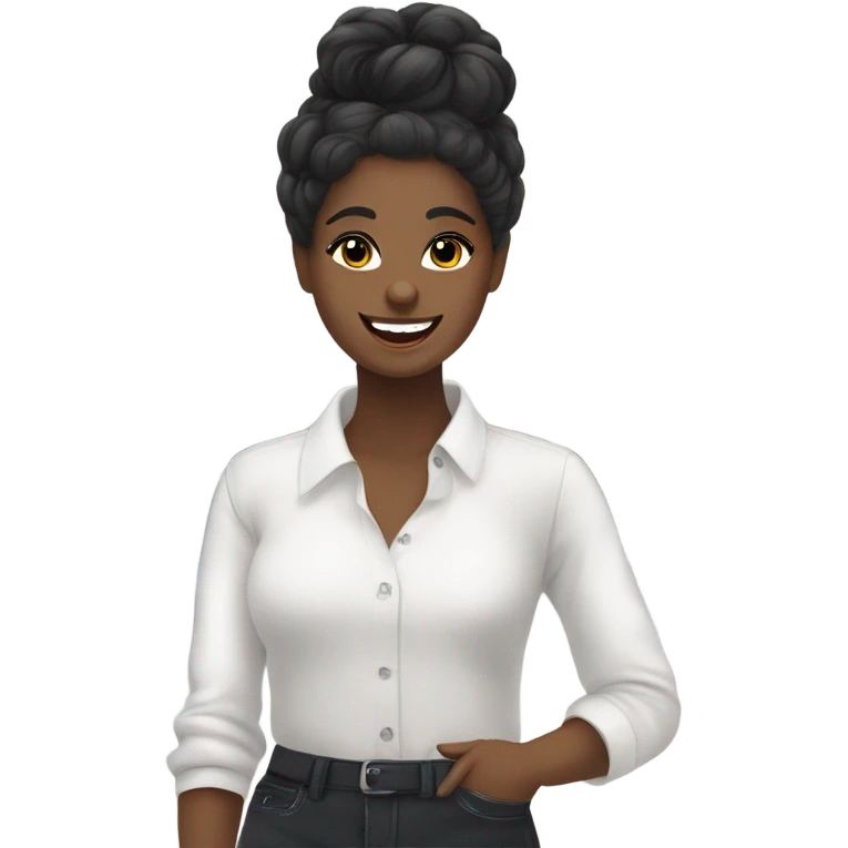 A cute and happy bichon frise with a hair in a bun black hair woman at the airport  emoji