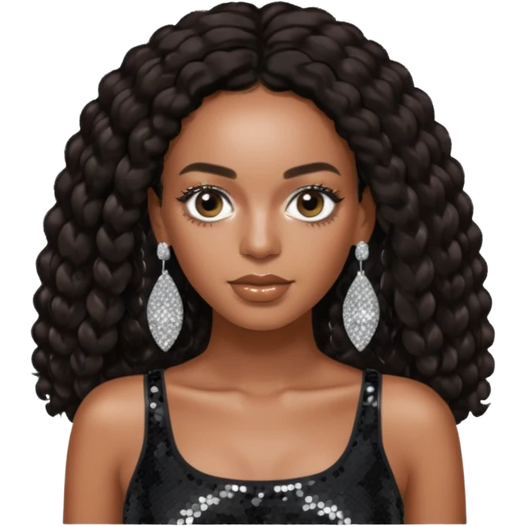 Solange with dark brown long hair, black sequin crop top, silver earring emoji