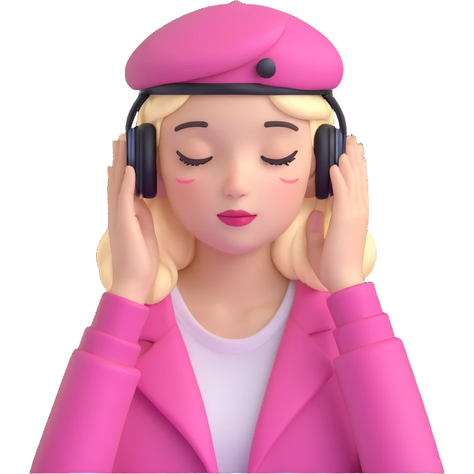 girl wearing a pink beret and AirPods Max headphones, listening to music with closed eyes emoji