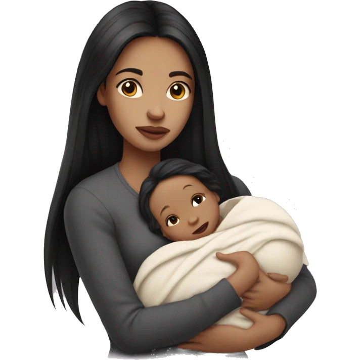 Pale girl with long black hair is holding a pale newborn baby emoji