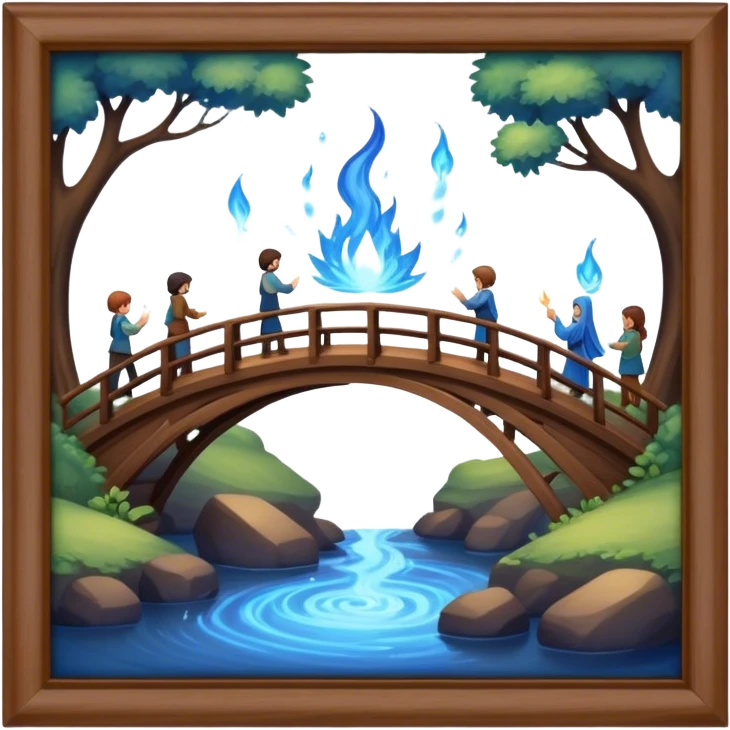 building a brown wood bridge, blue magic love people emoji