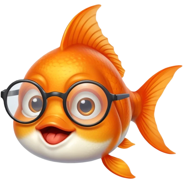 A goldfish with a silly facial expression wearing round eyeglasses perched on its face, comical look emoji