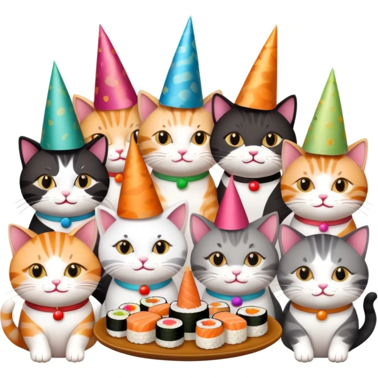 Nine cats eating sushi at a birthday party emoji