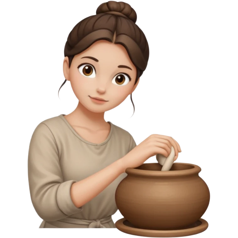 Brunette girl with a bun, behind the potter's wheel, wearing neutral clothing emoji
