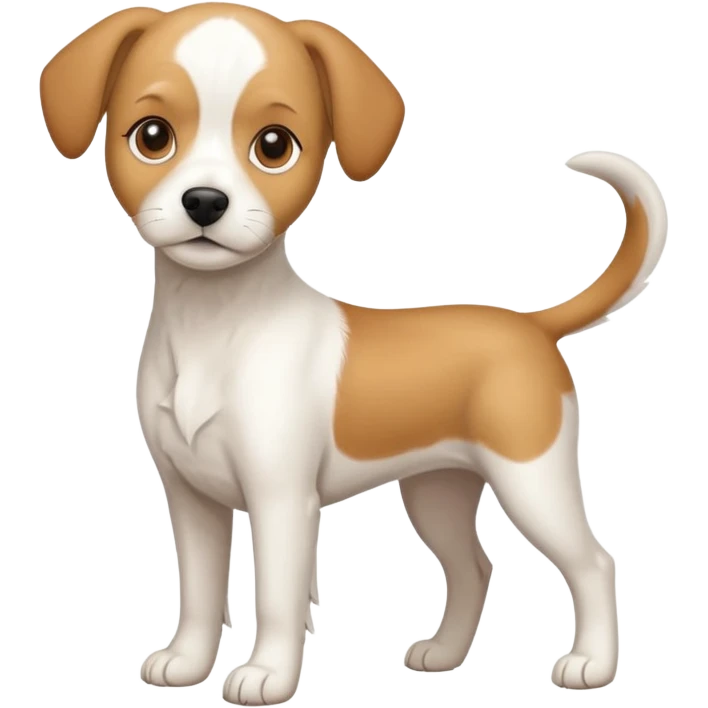 a full body white beagle x maltese x chi dog the size of a kelpie with light brown ears and a light brown patch on one eye emoji