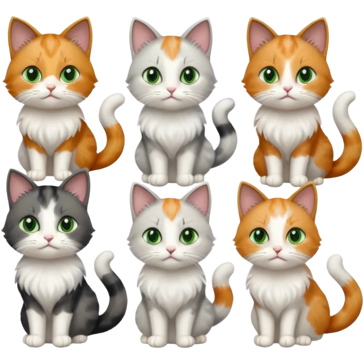 6 realistic looking cats with different natural coloured coats, assorted grey and white, greys, calico colours etc
 emoji