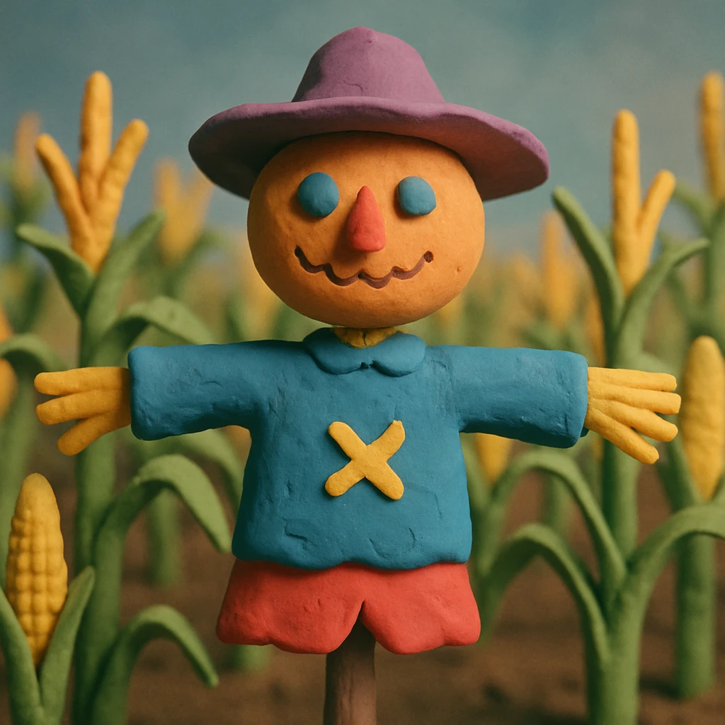 corn field with a colorful and whimsical scarecrow, soft lighting, claymation style emoji