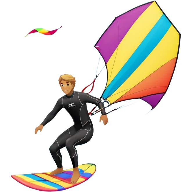 A kite surfer gliding across the water with a colorful kite soaring in the wind. The scene captures the excitement and fluid movement of the sport, with waves splashing around and a clear sky, emphasizing freedom and adventure. emoji