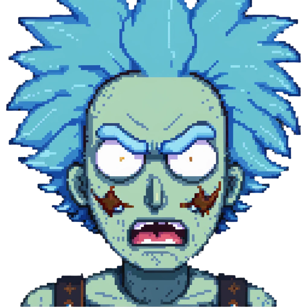 Rick from Rick and Morty with angry expression, wild blue hair, furious face emoji