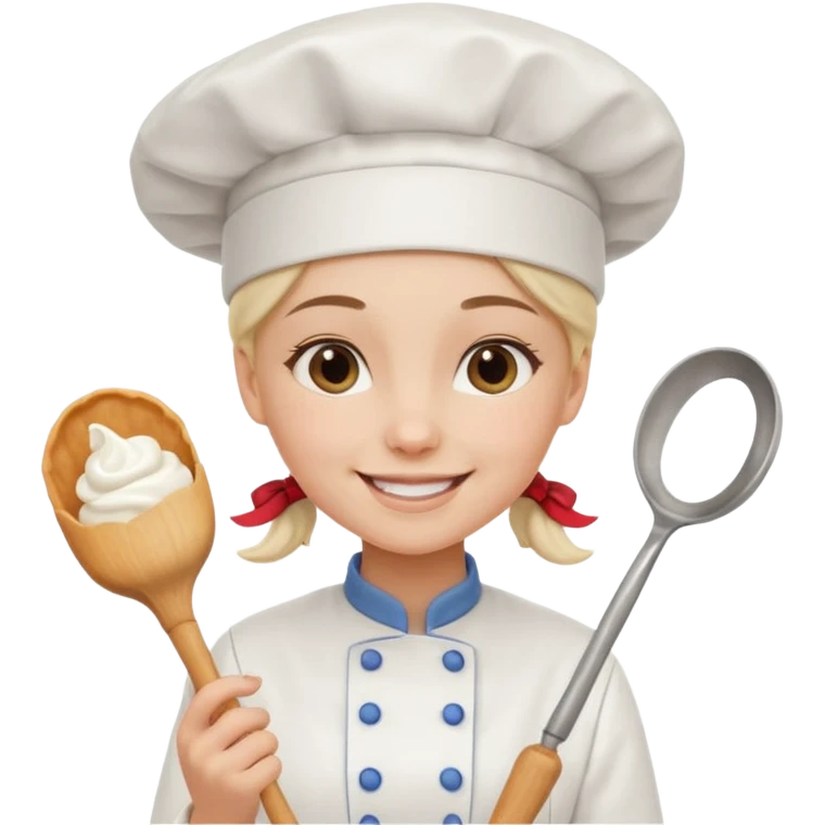 Young female baker – wearing white chef hat, holding a piping bag with cream

 emoji