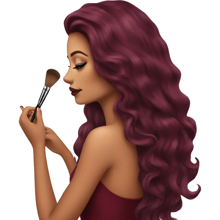 Beautiful tattooed burgundy long haired woman doing her makeup emoji