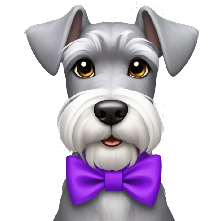 grey and white miniature schnauzer with purple collar and bows in her hair  emoji