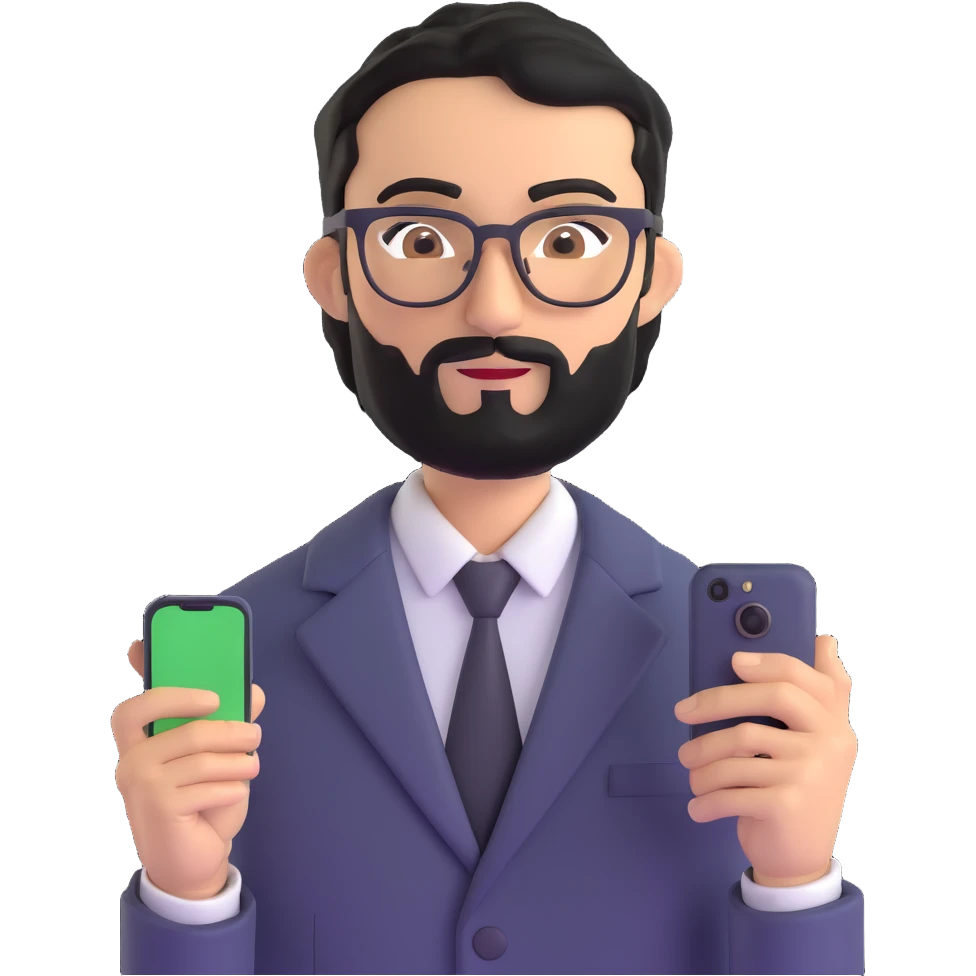 same professional man with medium black beard, neat black hair, connected unibrow, olive tan skin, brown eyes, glasses, prominent nose, dressed in formal black jacket, with mobile phone emoji