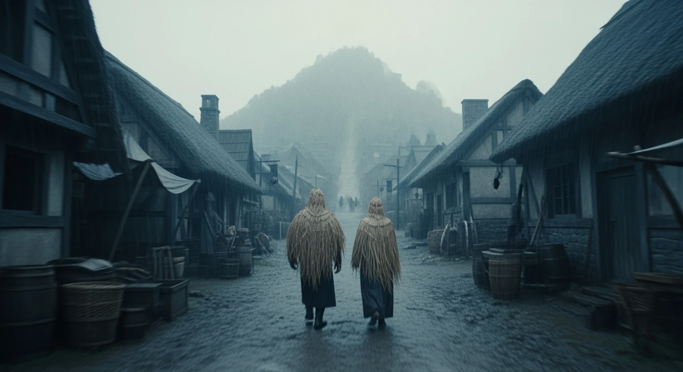 A cinematic scene from 1185, motion blur, wide shot of a rainy village, two figures in straw raincoats approach a hill, symmetrical, gray-blue palette, tense, Arri Alexa, Wes Anderson. emoji