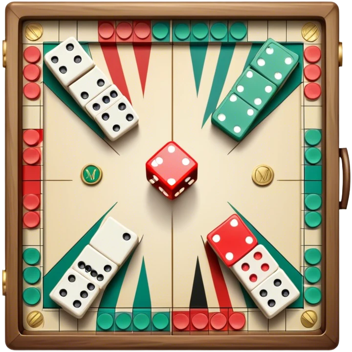 A photorealistic icon featuring a backgammon board with dice, a Monopoly board with money and property cards and a Game of Life spinner. The design captures the detailed textures of the boards, pieces, and accessories. Transparent background. emoji