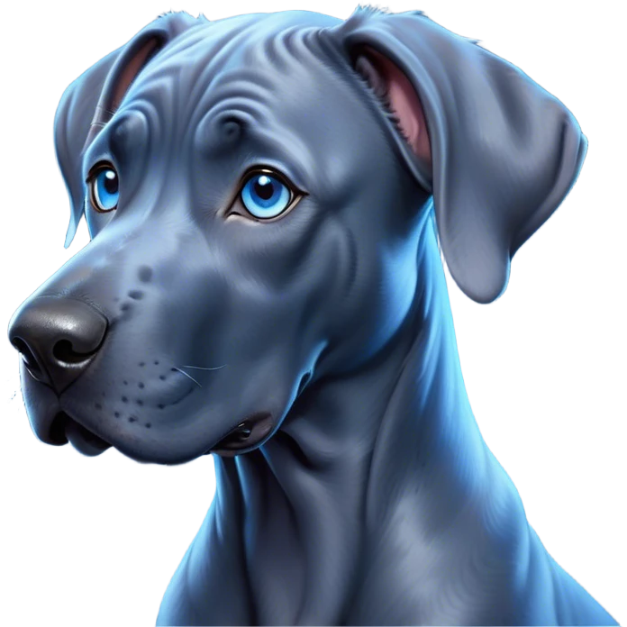Cinematic Cute Blue Great Dane Portrait Emoji, Head tilted playfully and inquisitively, featuring a glossy blue Fur with a refined sheen, round, sparkling steel-blue eyes filled with curiosity, Simplified yet irresistibly adorable features, highly detailed, glowing with a warm, friendly glow, high shine, affectionate and gentle, stylized with a touch of whimsy, bright and endearing, soft glowing outline, capturing the essence of a mischievous yet loving pup, so playful it feels like it could lumber out of the screen and into your arms! emoji