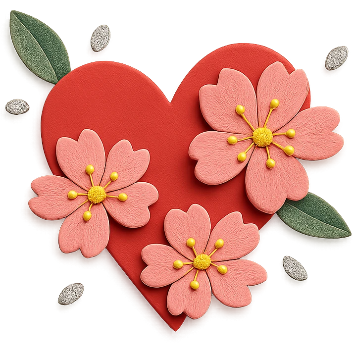 Make the silver details on the heart with sakura more prominent in paper craft style. emoji