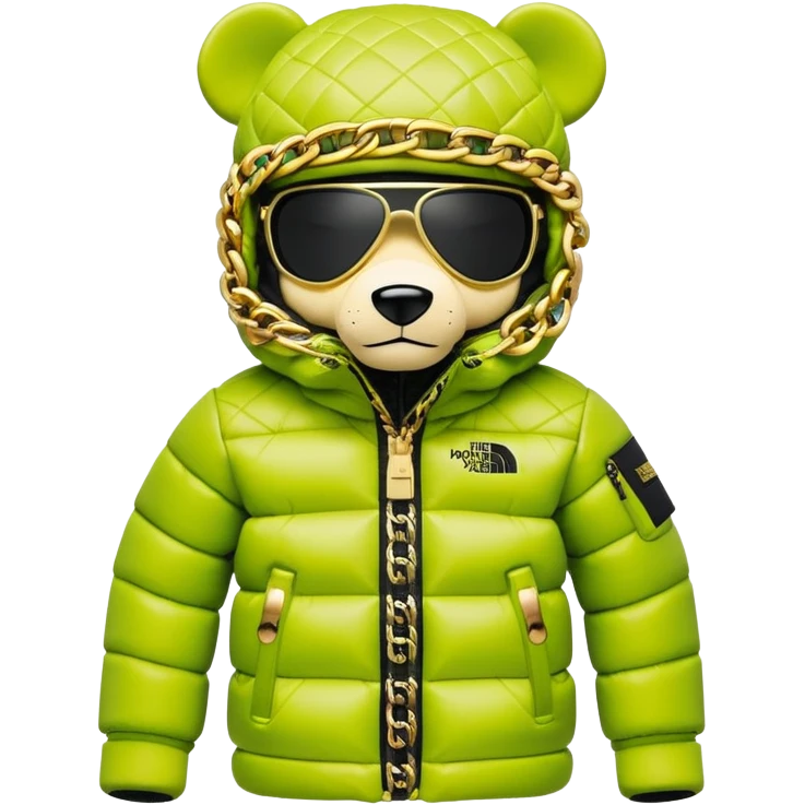 perfectly crafted bearbrick with authentic geometric shape, premium lime balaclava with professionally integrated dark visor lens, Supreme x North Face collaboration puffer jacket with luxurious fur trim, multiple detailed gold chains, ultimate collector's piece emoji