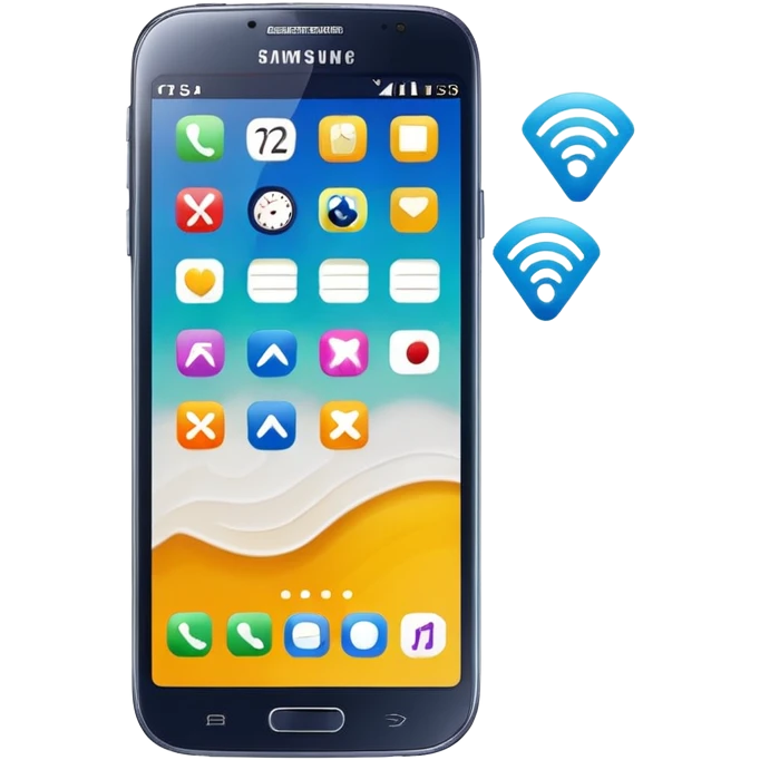 Samsung Galaxy phone with app icons, time, Wi-Fi emoji