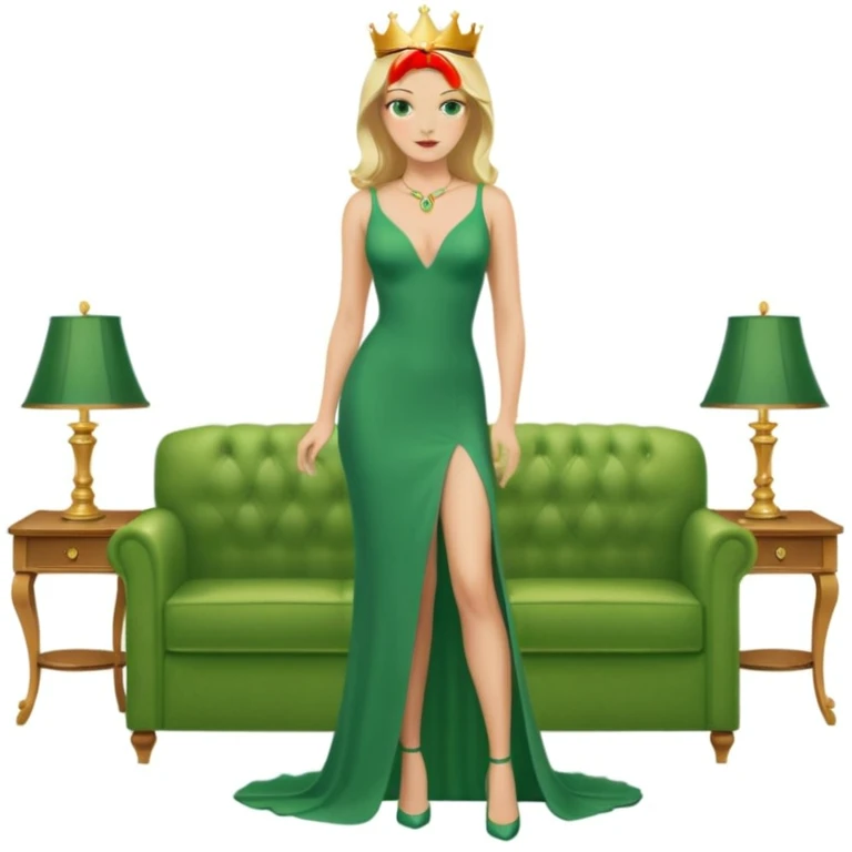 Queen, crown, blonde hair, green eyes, long green tight dress, decoltee,  Leg slit, whole Body, Background living room  emoji