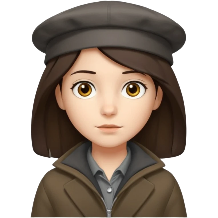 Hobo tomboy with shoulder-length center-parted dark brown hair. brown eyes, dark dull brown coat, grey shirt. Flat crown bolero hat emoji