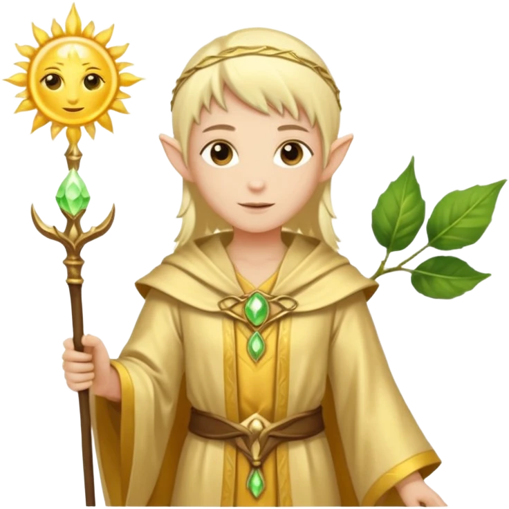 {
      "type": "human",
      "look": "light elf healer, golden robe, staff with leaf and sun",
      "description": "a light elf healer wearing a golden robe and holding a staff with leaf and sun"
    } emoji