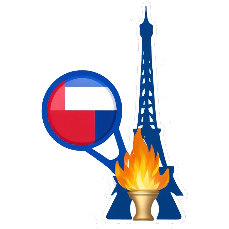 Olympic flame Paris 2024 surrounded by the french flag and Eiffel tower emoji