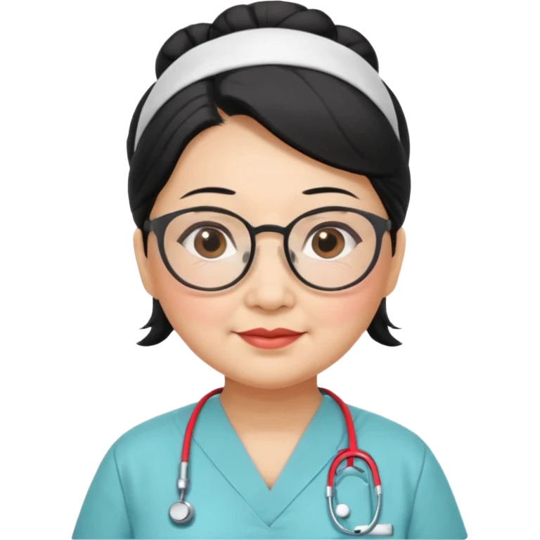 OLD ASIAN WOMAN WITH GLASSES, NURSE SCRUBS, HAIR BUN, BLACK HAIR, CHUBBY emoji