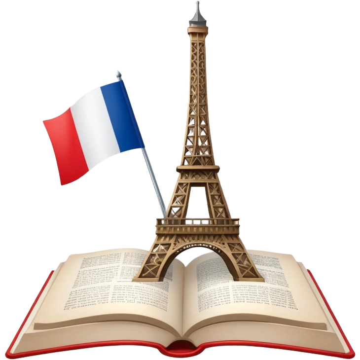 An icon featuring the Eiffel Tower and the flag of France, symbolizing the French language. The design includes an open book with French text, representing language learning and French culture. Transparent background highlights the elegance of the French-speaking world. emoji