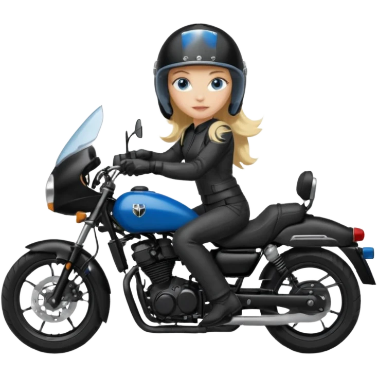 moça cabelo comprido loira de olho azul de capacete em uma moto honda preta  emoji