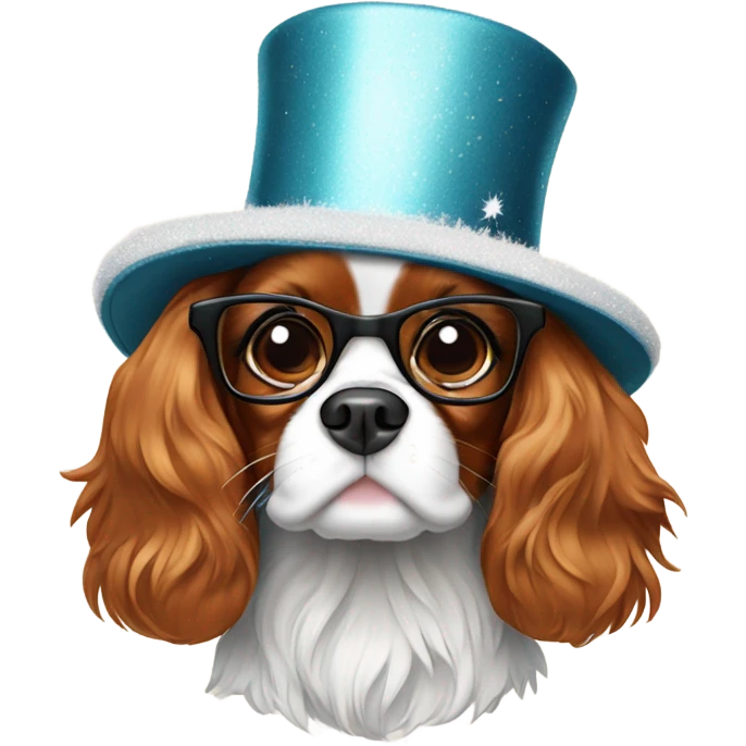 Cavalier King Charles spaniel in New Year's Eve hat and glasses  emoji