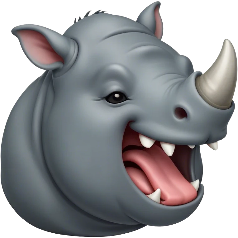 Cinematic Cute Yawning Rhinoceros Portrait Emoji, Head tilted slightly with a dramatic, wide-open yawn, showcasing a soft, textured slate-gray hide with a slightly drooping horn and eyes barely open in drowsy contentment, Simplified yet irresistibly adorable features, highly detailed, glowing with a soft, cozy glow, high shine, relaxed yet expressive, stylized with a touch of rugged whimsy, bright and endearing, soft glowing outline, capturing the essence of a sleepy yet affectionate rhinoceros, so drowsy it feels like it could stretch out of the screen and curl up for a nap! emoji