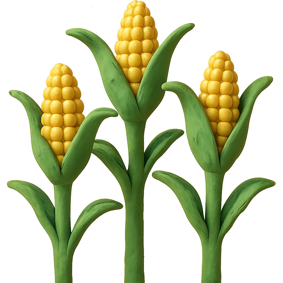 close-up of corn stalks with ears of corn, gentle sunlight, pastel background, claymation style emoji