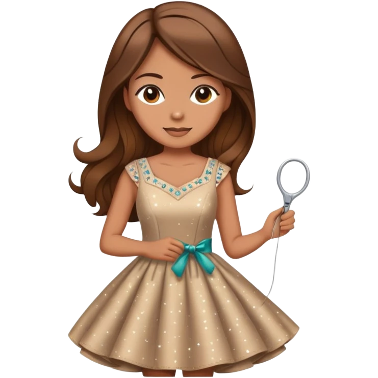 Woman with long brown hair sewing a cute dress with sparkles around her in the background elegant  emoji