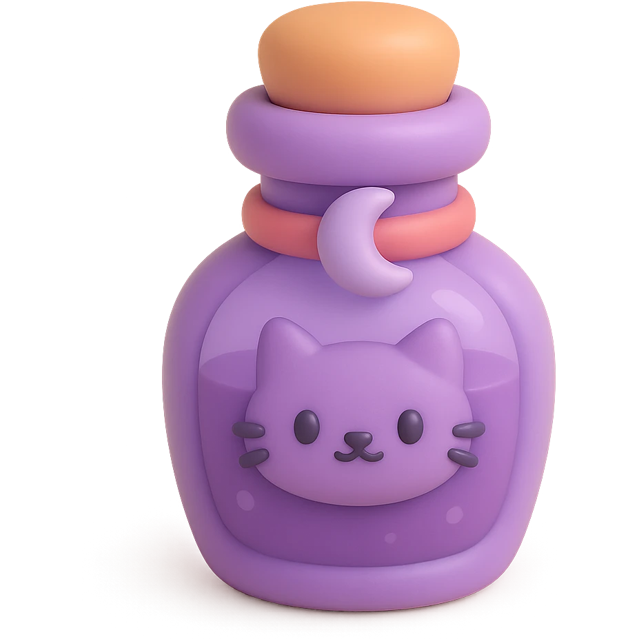 purple goth potion bottle with a cat motif, soft and cute gothic look, mochi style emoji