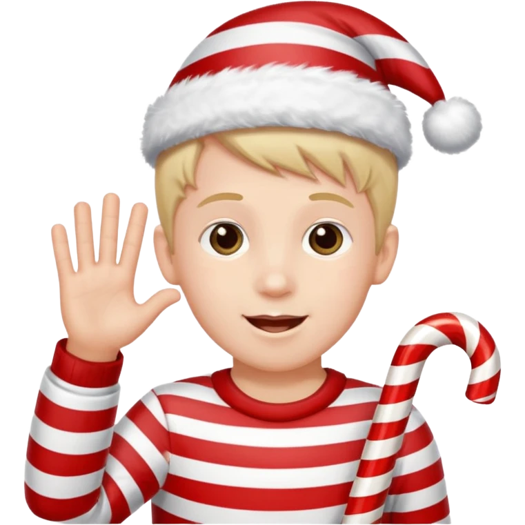 A boy waving a candy cane happily, emoji