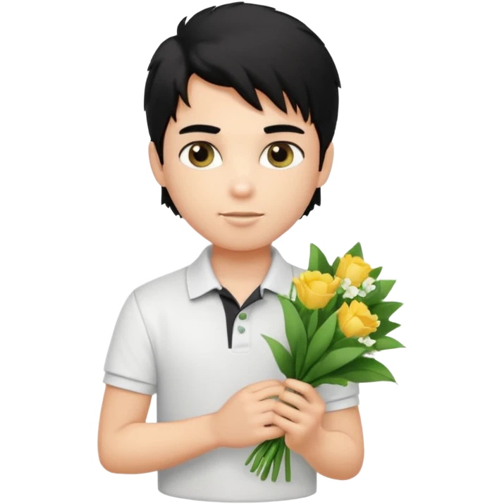 generate a pretty fair bratz boy with a messy mullet (black hair), wearing a white polo.  carrying a bouquet made of money. Fancy card behinf him emoji