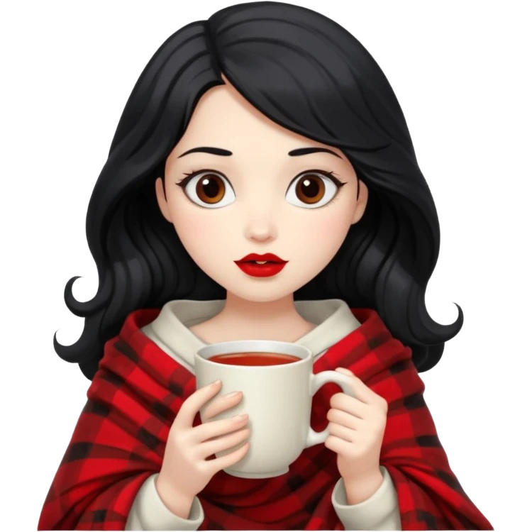 Long wavy Black haired, white skinned, dark big eyed girl with red lipstick wrapped in a blanket, sipping tea and reading a book emoji