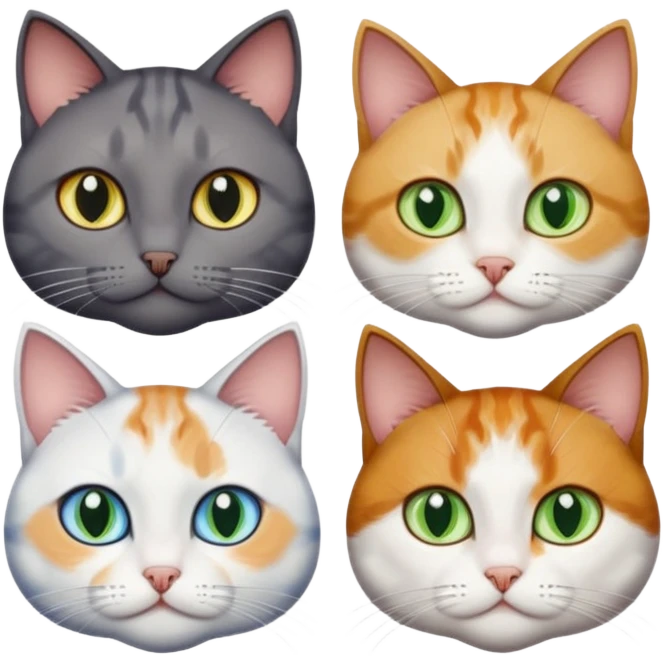4 different coloured short haired cats including; a dark brown tabby and white cat, and a dark grey and white  emoji