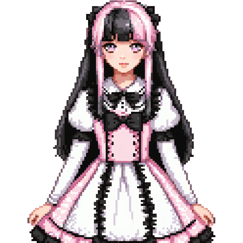 pale girl with straight long black and baby pink swirled hair with bangs, grey eyes, doll-like makeup, wearing a light pink lolita hime gyaru dress, pixel art style emoji