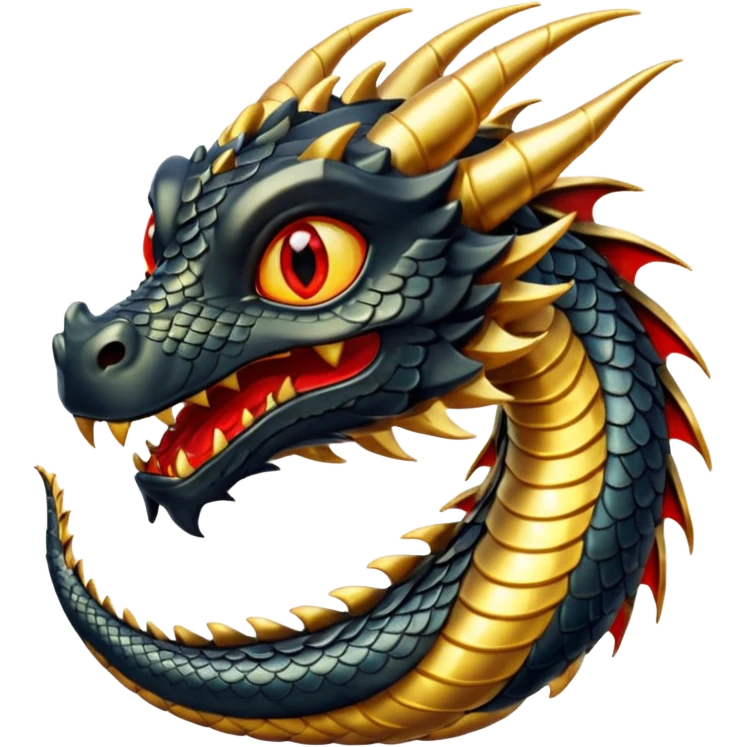 The image depicts a dragon resembling the dragon symbol from ancient Japanese mythology, combining the colors gold and black. It is bright and shiny, with clear colors, and the background of the image is transparent. The dragon embodies these colors, has red eyes, and is complete. emoji