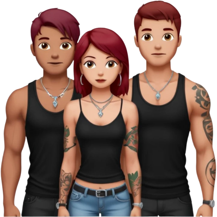 a pretty bratz fair girl with dark red straight hair, black cami top, silver dainty necklaces, rings, hoops, tattoos standing with two handsome lean but muscled guys emoji