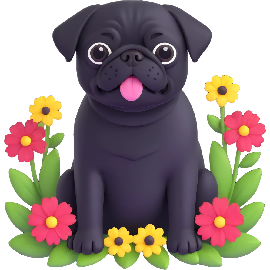 black pug sitting with flowers in the background emoji