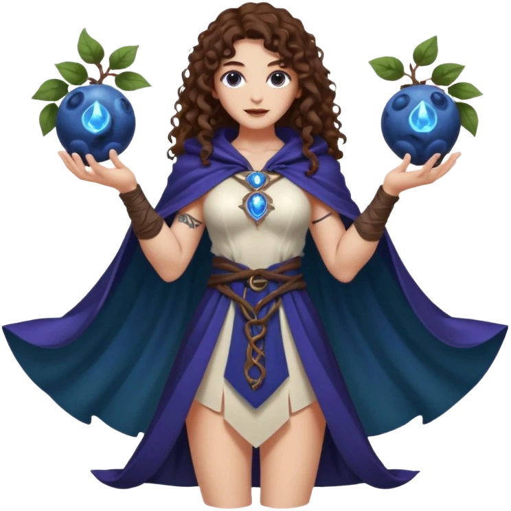 full body woman long curly brown hair brown eyes white skin tattoos muscular build blueberry forest mage cloak, glowing berry orbs floating emoji