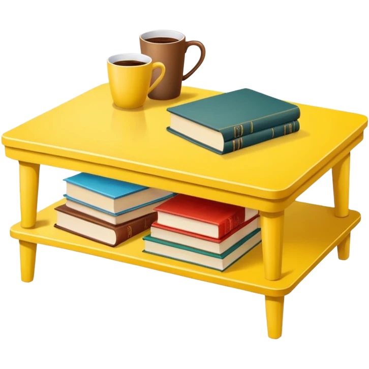 yellow coffe table, coffee on top, books under table
 emoji