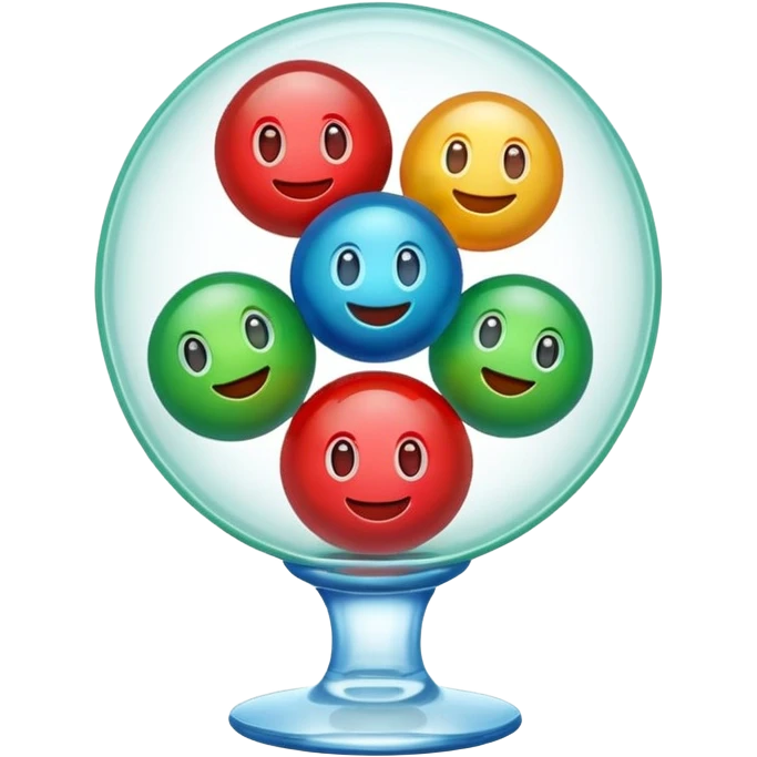 Cute 3D cartoon emoji style sticker of a 3 glass and ball game, glossy plastic texture, soft lighting, smooth shadows, playful expression, high detail, white outline sticker, transparent background (glass color green, red, & blue) emoji